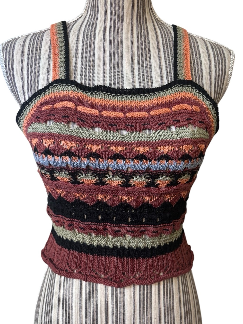 Cider Crop Top Small Crochet Open Knit Multicolor Striped Tank Earthy Tones Boho